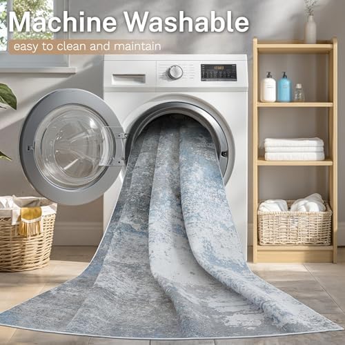 Area Rug Living Room-9X12 Abstract Washable Rug Grey Blue - Image 5