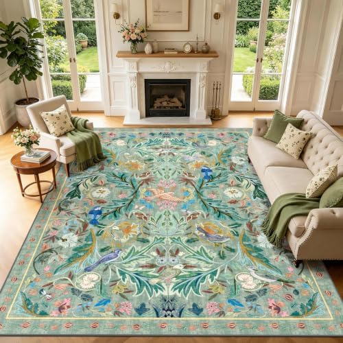 nesrt 9x12Ft Washable Living Room Area Rug, Boho Jungle Bird Floral Large by nesrt