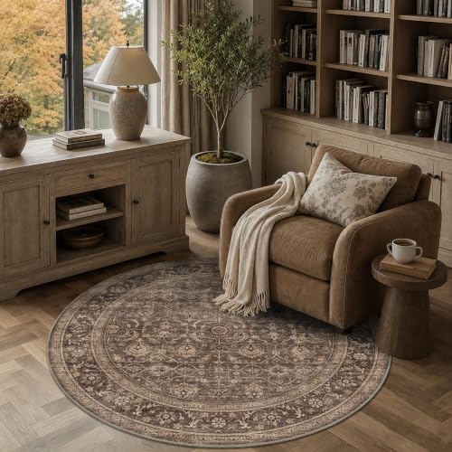 JOOJA 4x4 Dark Brown Vintage Low Pile Washable Boho Small Round Kitchen Rug - Image 3