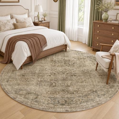 FMFUNCTEX 6ft Round Washable Brown Neutral Vintage Area Rug - Image 2