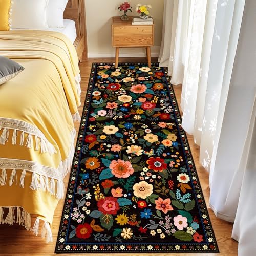Floral Washable 2x6 Area Rugs Runner Entryway Hallway Black by RELEANY