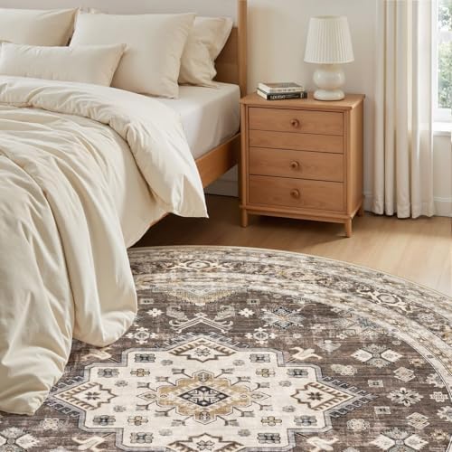 cotiled 6ft Round Living Room Area Rug, Traditional, Dark Brown - Image 3