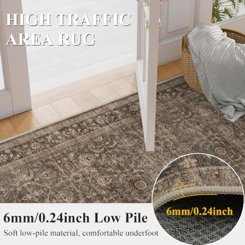 JOOJA 4x4 Dark Brown Vintage Low Pile Washable Boho Small Round Kitchen Rug - Image 4
