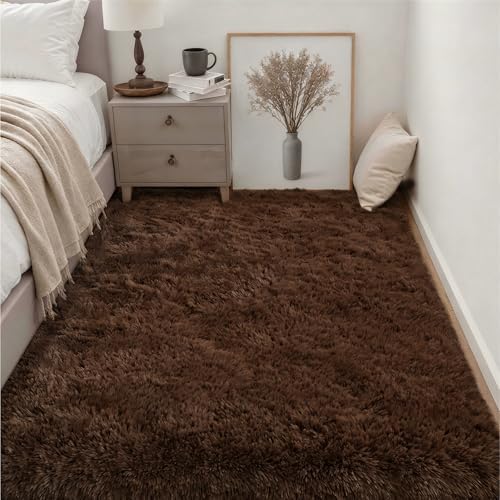 Area Rug Living Room Bedroom: 4x6 Fluffy Plush Shag Carpet Brown - Image 3