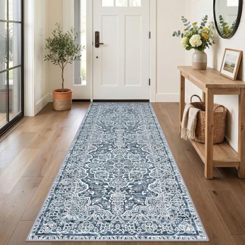 KUTA Vintage Washable Runner Rug 3x9 Blue White Wide Runners by KUTA