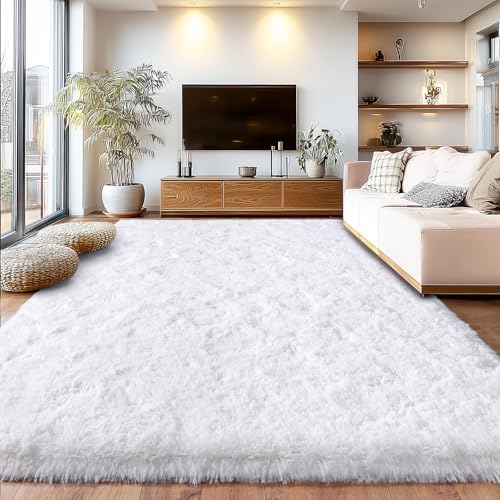 White Living Room Area Rug Shaggy Bedroom Carpet High Pile Fuzzy Rugs 6x9ft - Image 3