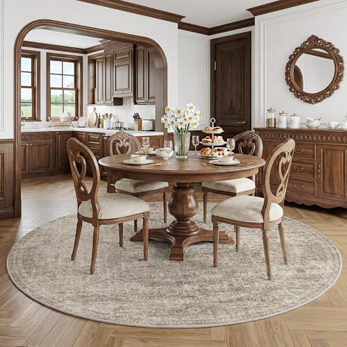 FMFUNCTEX 6ft Round Washable Taupe Vintage Large Area Rug - Image 3