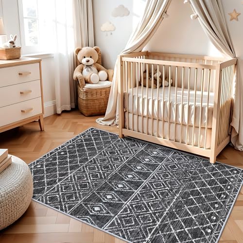 3x5 Washable Moroccan Area Rug: Ultra Soft Low Pile Non Slip Rugs Black - Image 3