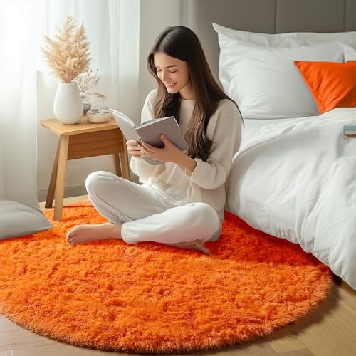 Orange Fluffy Round Rug Circle Area Rugs 4ft - Image 6
