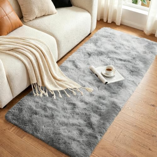 2x10 Tie-dye Grey Fluffy Soft Runner Rug Non-Slip - Image 3