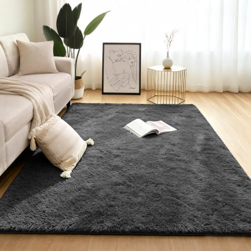 4x6 Dark Grey Fluffy Area Rug for Bedroom and Living Room, Washable Soft Shag - Image 3