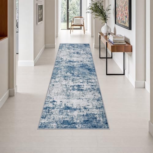 2.6x8 Washable Runner Rug：Modern Abstract Kitchen Soft Carpet Blue by FXRHLP