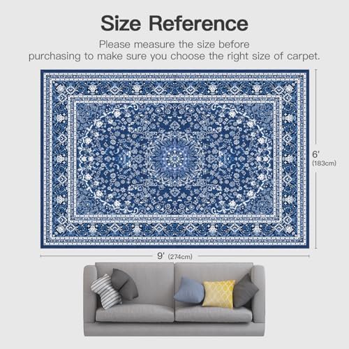 6x9 Area Rugs for Living Room, Washable Non-Slip Rug, Oriental Dark Blue - Image 2