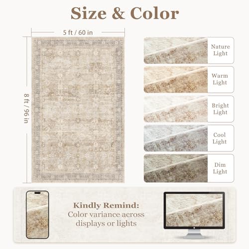 Washable Neutral 5x8 Area Rugs, Vintage Farmhouse Earth Tone Beige Taupe Carpet - Image 2