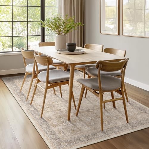 Washable Neutral 5x8 Area Rugs, Vintage Farmhouse Earth Tone Beige Taupe Carpet - Image 4