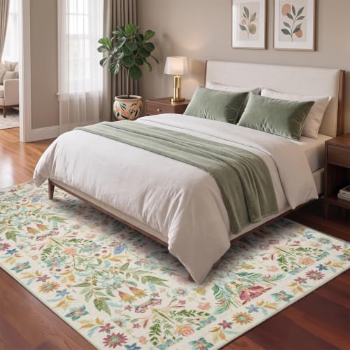 Beige Boho Floral Rug 6x9, Washable Area Rugs - Image 3