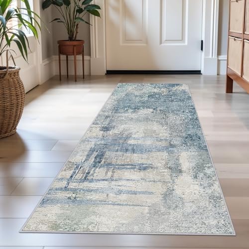 Modern Abstract Runner Rug 2x5: Washable Non Slip Hallway Runner Blue - Image 3