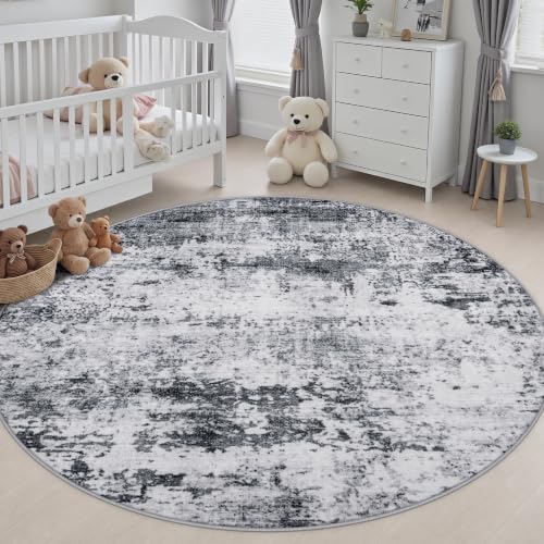 Round Area Rug Living Room: 6 ft Modern Washable Carpet Grey - Image 5