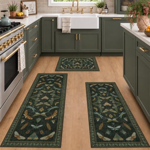 JTJ Kitchen Rugs Set of 3, Dark Green Vintage Insect by JTJ