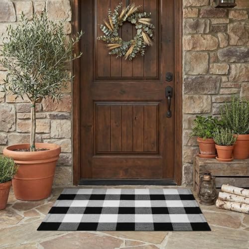 MUBIN Fall Decor Cotton Buffalo Plaid Rug, Washable Doormat Hand-Woven Foldable - Image 4