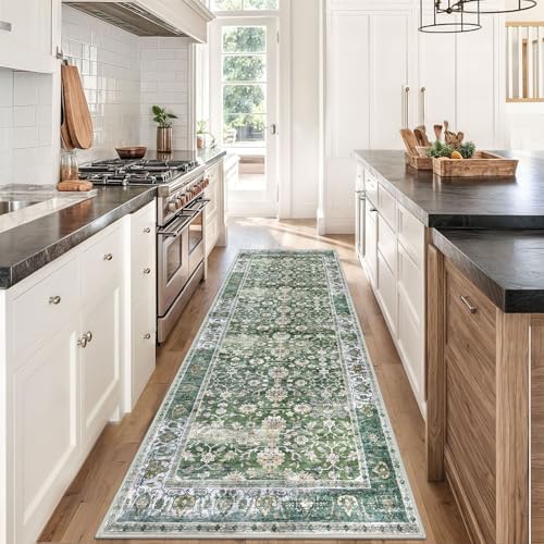 KUTA Vintage Wide Runners for Hallways 3x8 Green Washable Kitchen Runner - Image 3