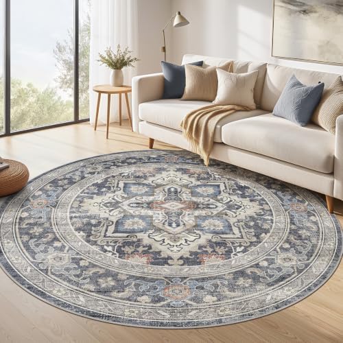 Round Washable Area Rug 8ft, Boho Vintage Distressed Oriental Medallion - Image 6