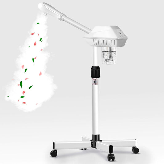 Professional Facial Steamer on Wheels, Esthetician Steamer with Hot Ozone Mist, Stand Face Steamer for Facial Deep Cleaning, Steamer for Facial for Personal Care or Spa, White