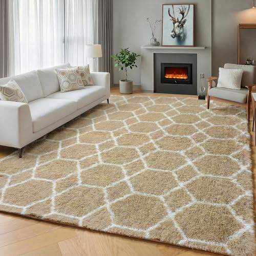 Area Rugs for Bedroom Living Room, 4x6 Fluffy Beige and White Geometric Rug - Image 5