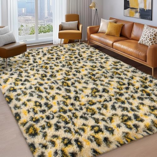 5x7 Shag Rugs for Living Room, Washable Khaki Leopard - Image 2