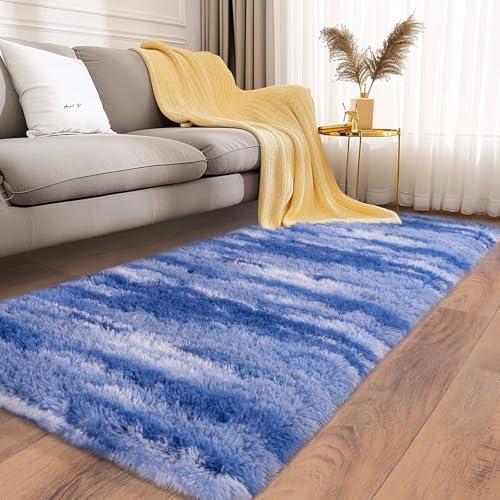 Soft Runner Rugs for Bedroom Hallways, 2x6 Abstract Blue White Fluffy Shag - Image 2