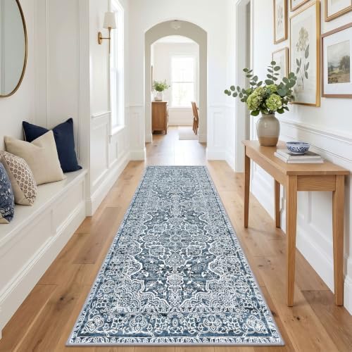 KUTA Vintage Washable Runner Rug 3x9 Blue White Wide Runners - Image 3