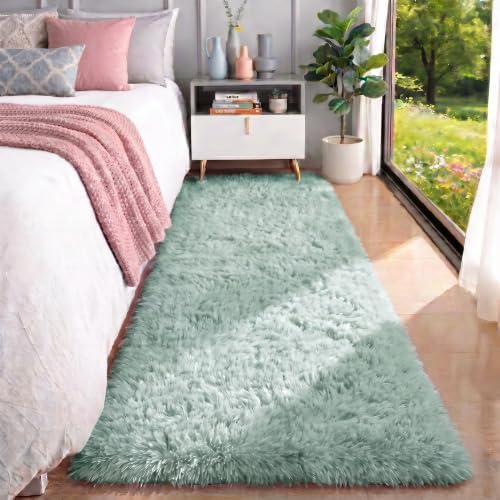 Sage Green Runner Rugs for Kids Bedroom Living Room Plush Fluffy Rug 2x6 Ft - Image 2