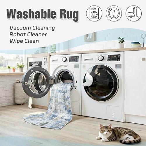 9x12 Area Rugs for Living Room: Washable Soft Blue White Abstract Carpet - Image 2