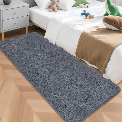 Grey Runner Rug for Bedroom Black Grey 2x5ft Fluffy Area Rug Bedside Runner Rug by JiaoBaba