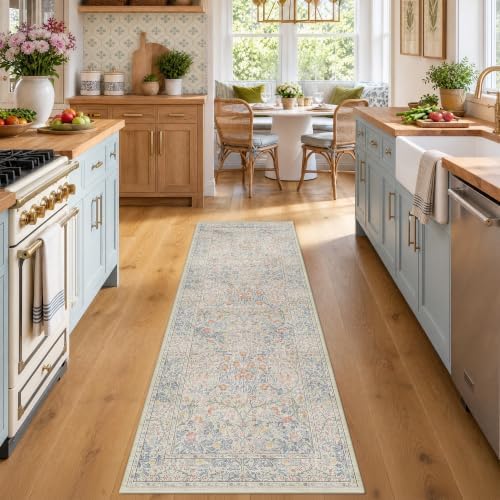 Vintage Beige Blue 2'6" x 8' Runner Rug by HazoHaus