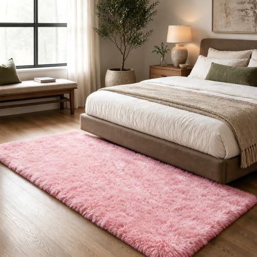 2x6 Pink Fluffy Runner Rug for Hallway and Bedroom, Washable Soft Shaggy Carpet - Image 3