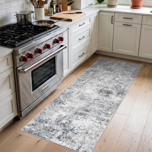 2x5 Washable Kitchen Runner Rug: Modern Abstract Low Pile Rugs BlueGray by Puino
