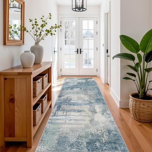 3x10 Abstract Modern Extra Long Runner:Non Slip Washable Rug Blue - Image 3