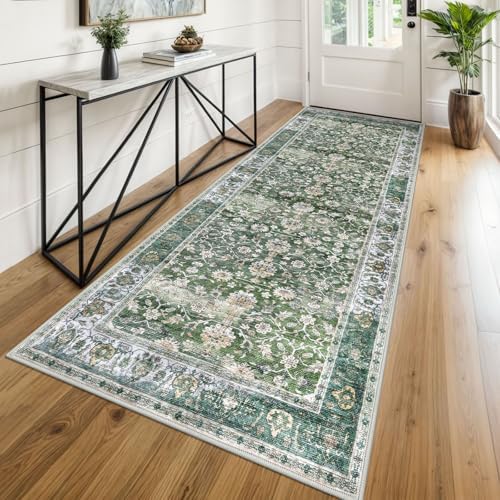KUTA Vintage Wide Runners for Hallways 3x8 Green Washable Kitchen Runner by KUTA