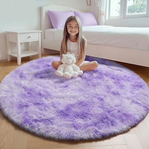 Tie-Dye Purple Fluffy Round Rug Circle Area Rugs 4ft by ONASAR