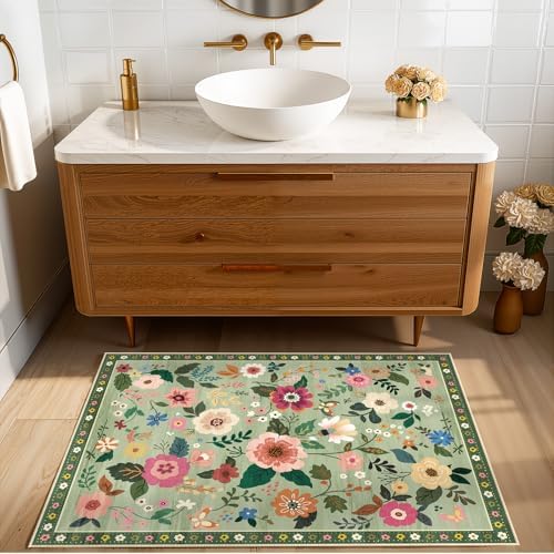 RELEANY Floral Washable 2x3 Area Rugs Doormat LightGreen - Image 2
