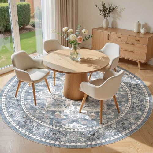 Washable Area Rug-8X8 Vintage Neutral Soft Blue - Image 4