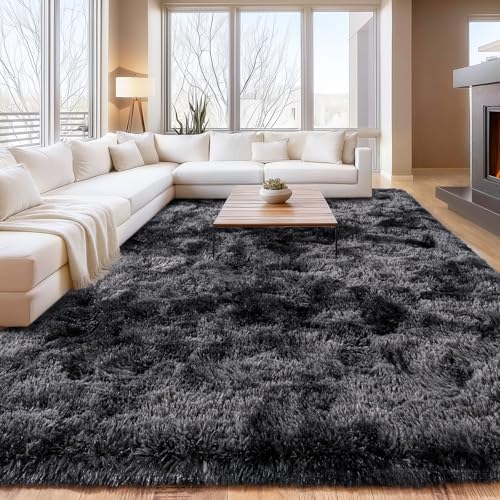 Black Grey Shaggy Rugs, 9x12Ft Large Fluffy Carpets, Indoor Plush Area Rug - Image 3