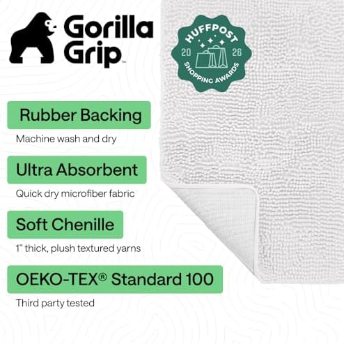 GORILLA GRIP Bath Rug Mat for Bathroom, Absorbent Chenille, 48x17 White - Image 2