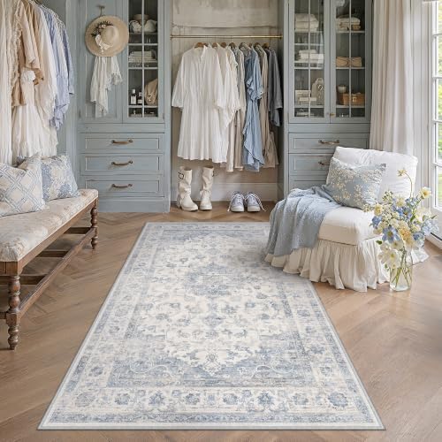 Blue 3x5 Area Rug Washable Netural Vintage Distressed Carpet - Image 2