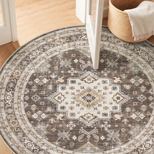 cotiled 6ft Round Living Room Area Rug, Traditional, Dark Brown - Image 5