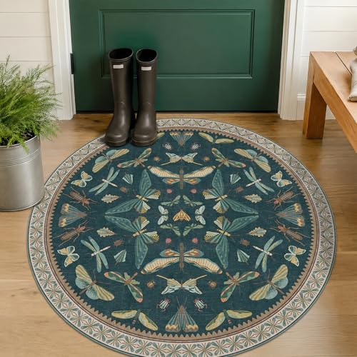 Teal Boho 4ft Round Area Rug, Washable Non Slip Insect & Floral Carpet by HazoHaus