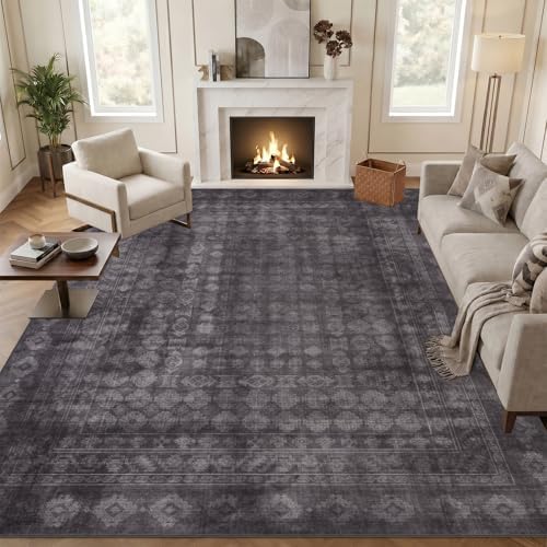 Washable Area Rug 9x12, Large Boho Living Room Rug, Dark Grey by TerradWafs