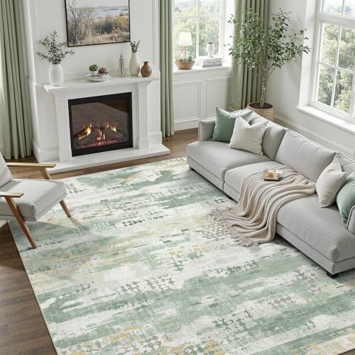 DCX Washable Abstract Area Rug 6x9, Non Slip Low Pile Rug, Sage Green by DCXWashableRug