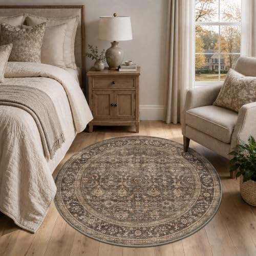 JOOJA 4x4 Dark Brown Vintage Low Pile Washable Boho Small Round Kitchen Rug - Image 2